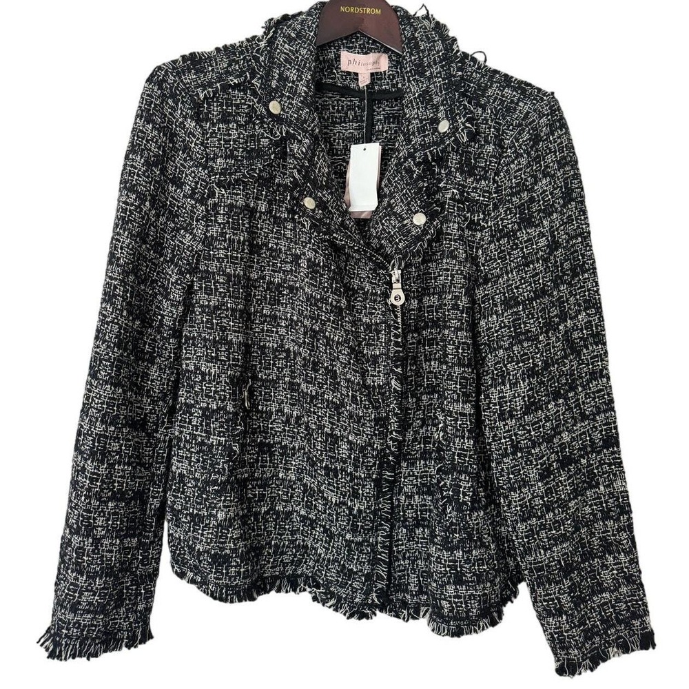 Philosophy Black and White Tweed Raw Hem Zip Front Jacket Size L NWT - Picture 1 of 6